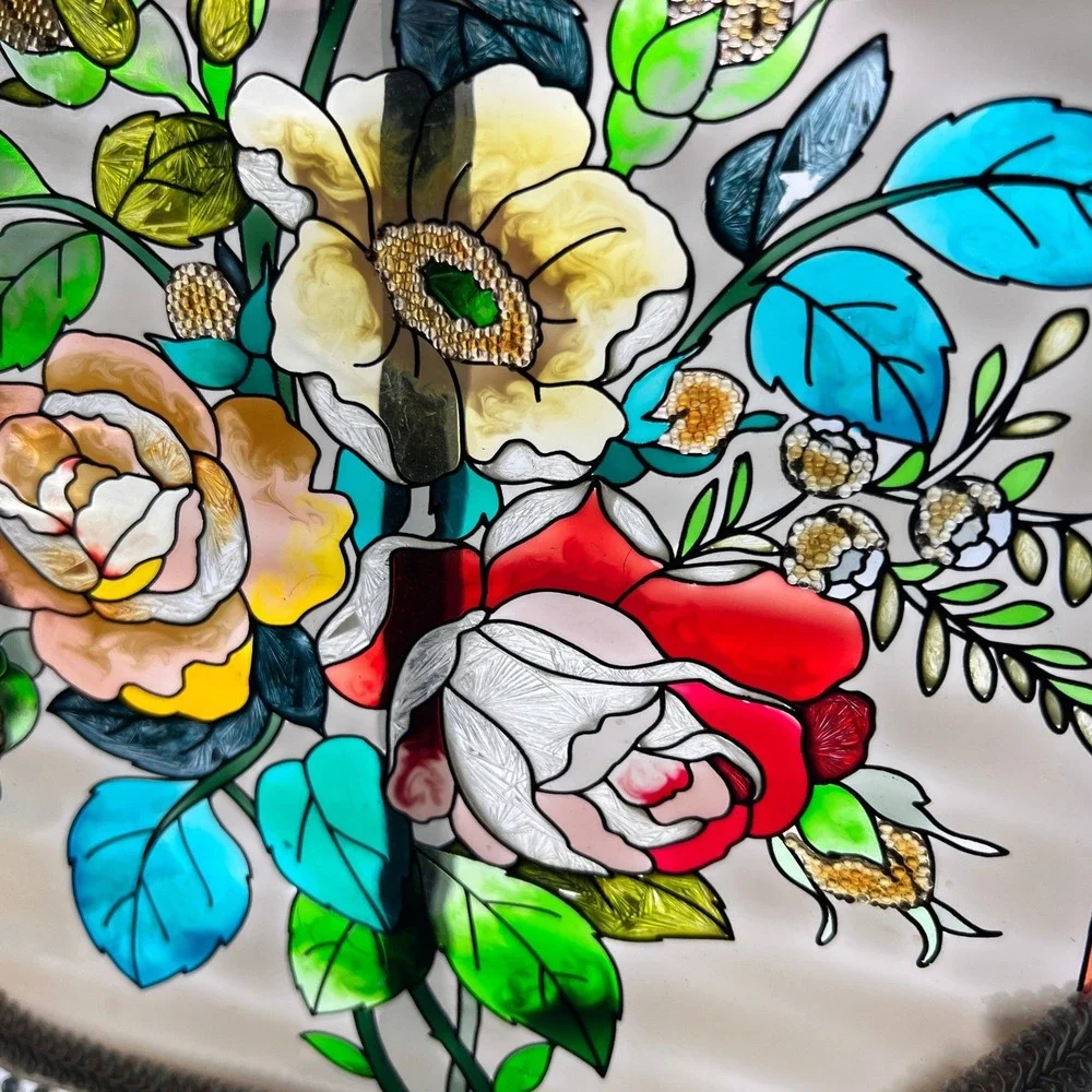 Amia Stained Glass Floral Evening Bag Small Multicolor Excellent Beaded Fringe